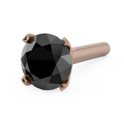 14k rose gold 3mm black diamond straight post nose stud, angled overhead view of prong setting