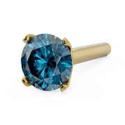14k yellow gold blue diamond straight-post nose stud, close-up angled view of prong setting