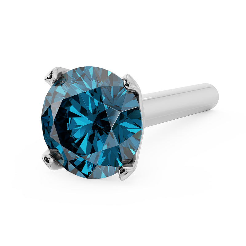 14k white gold blue diamond straight-post nose stud, angled view of four-prong setting and post