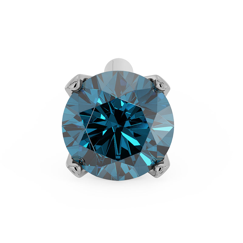Top-down close-up of 3mm blue diamond in white gold four-prong straight-post nose stud