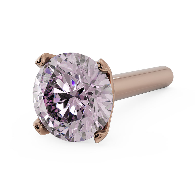 14k rose gold 3mm pink diamond straight-post nose stud, top angled view with rose gold prongs