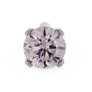Platinum 3mm pink diamond nose stud, front top view with four-prong setting and straight post visible