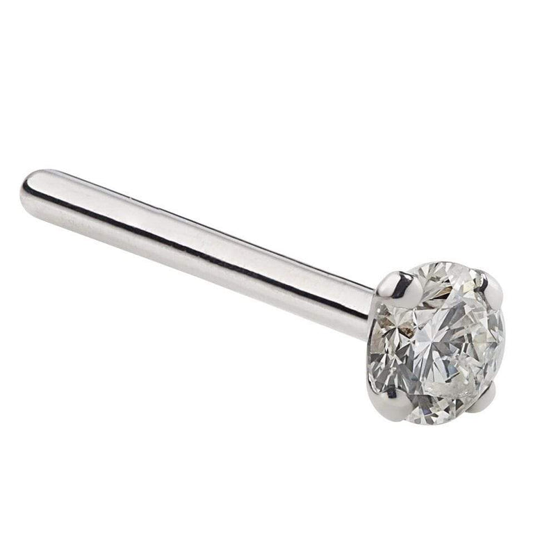 Platinum 2mm diamond straight pin post nose ring 18G, angled view showing slim post and prong setting