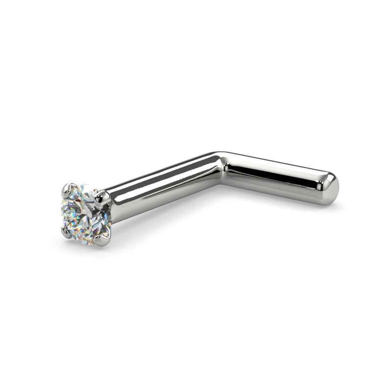 14k white gold 1.7mm diamond L post nose stud, angled view showing L-bend and 4-prong diamond
