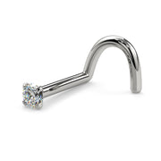 14k white gold 1.7mm diamond twist nose ring, side-angled view showing screw curl and prong setting