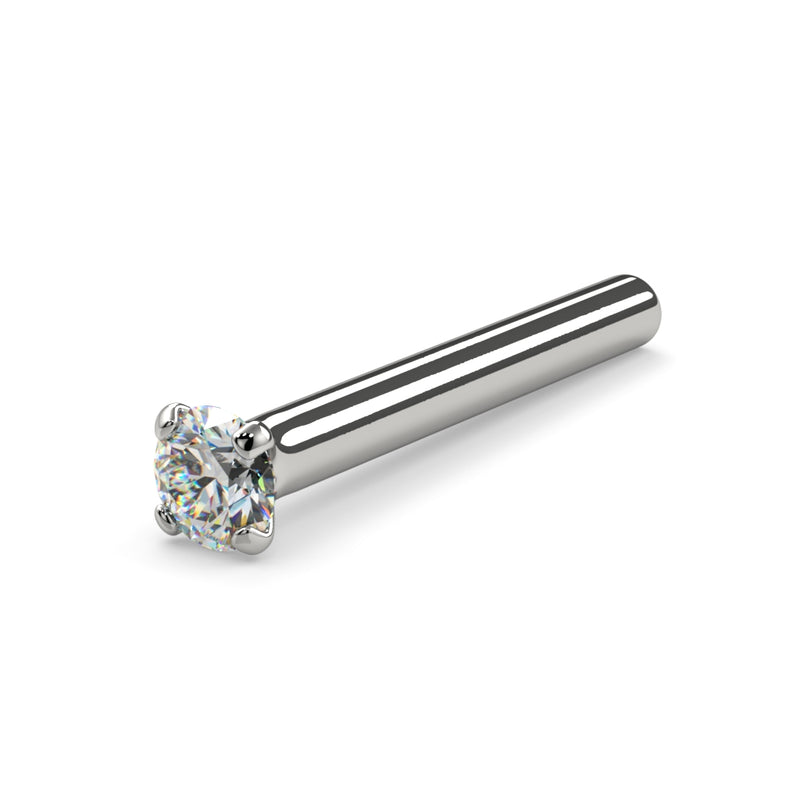 14k white gold 1.7mm diamond straight pin nose stud, angled view showing post and prong-set diamond