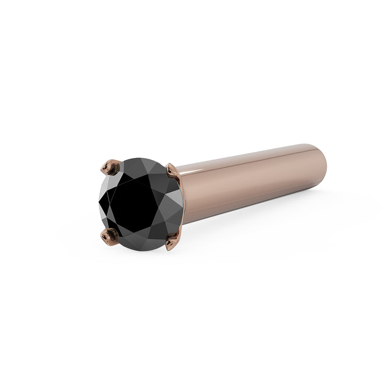 14k rose gold straight-post black diamond nose stud with four-prong setting, angled view