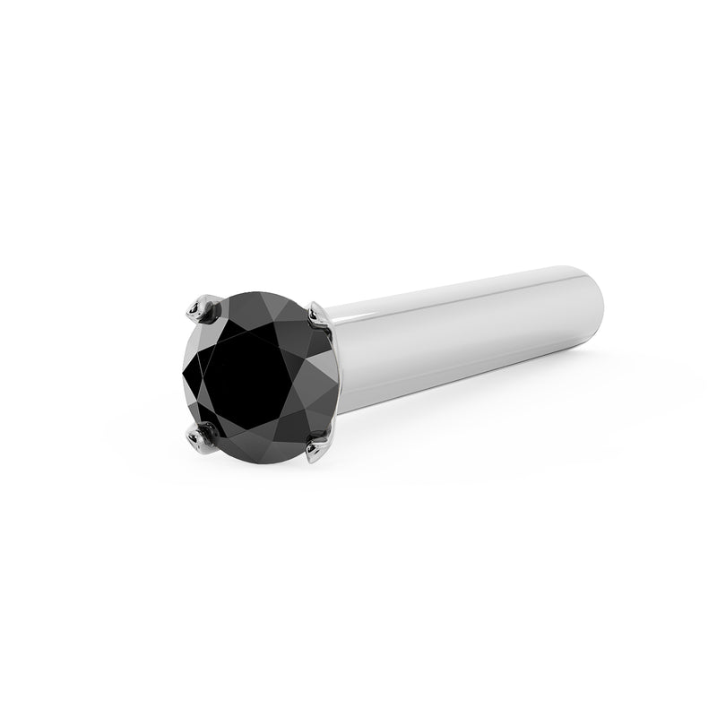 14k white gold straight-post black diamond nose stud, wider angled view of gem and full post