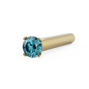 14k yellow gold 1.5mm blue diamond straight nose post, front-facing angled view of prong setting