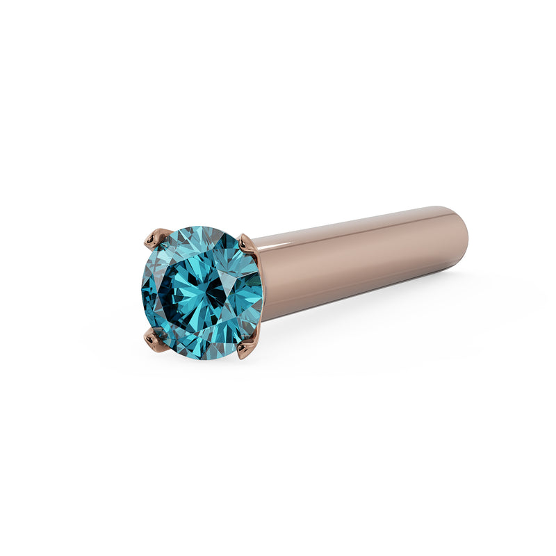 14k rose gold 1.5mm blue diamond straight nose post, front-facing angled view of prong setting