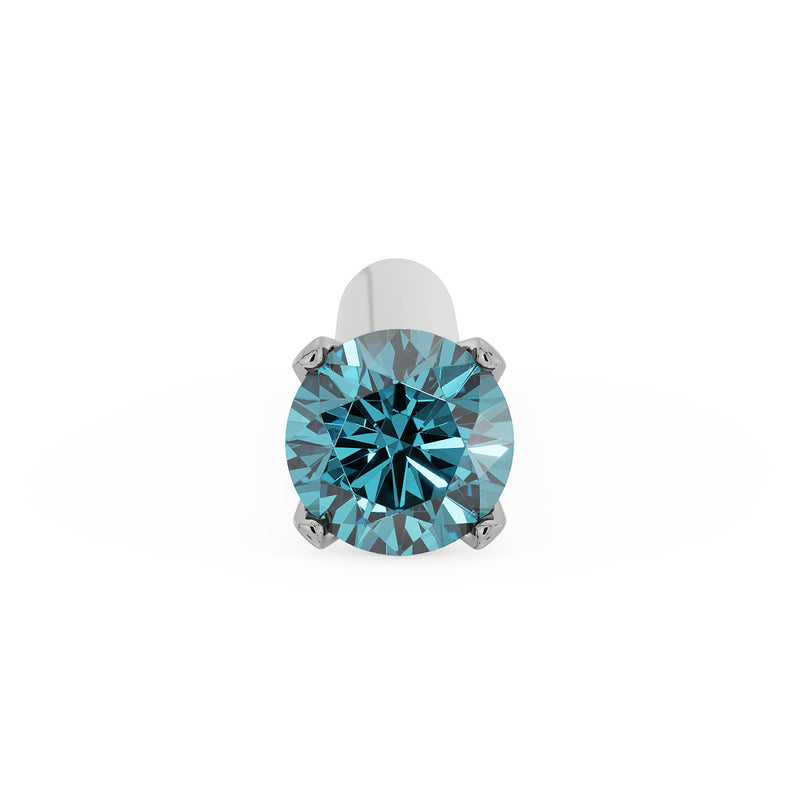 Top-down close-up of 1.5mm blue diamond in four-prong white gold setting on straight nose post