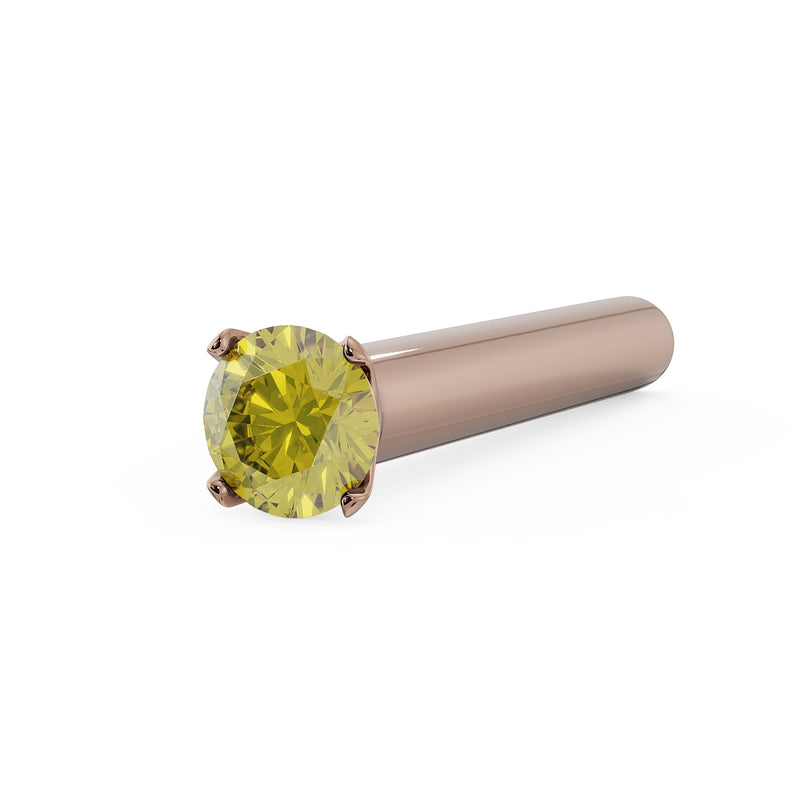 14k rose gold straight post nose stud with 1.5mm yellow diamond prong setting, angled side view