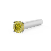 14k white gold straight post nose stud with yellow diamond, angled view showing rounded post tip