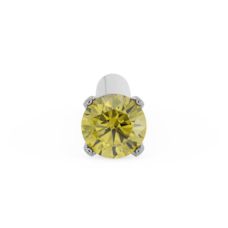 Top-down close-up of 1.5mm yellow diamond in four-prong setting on straight white gold nose post