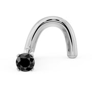 14k white gold black diamond twist nose ring stud, angled view showing prong setting detail