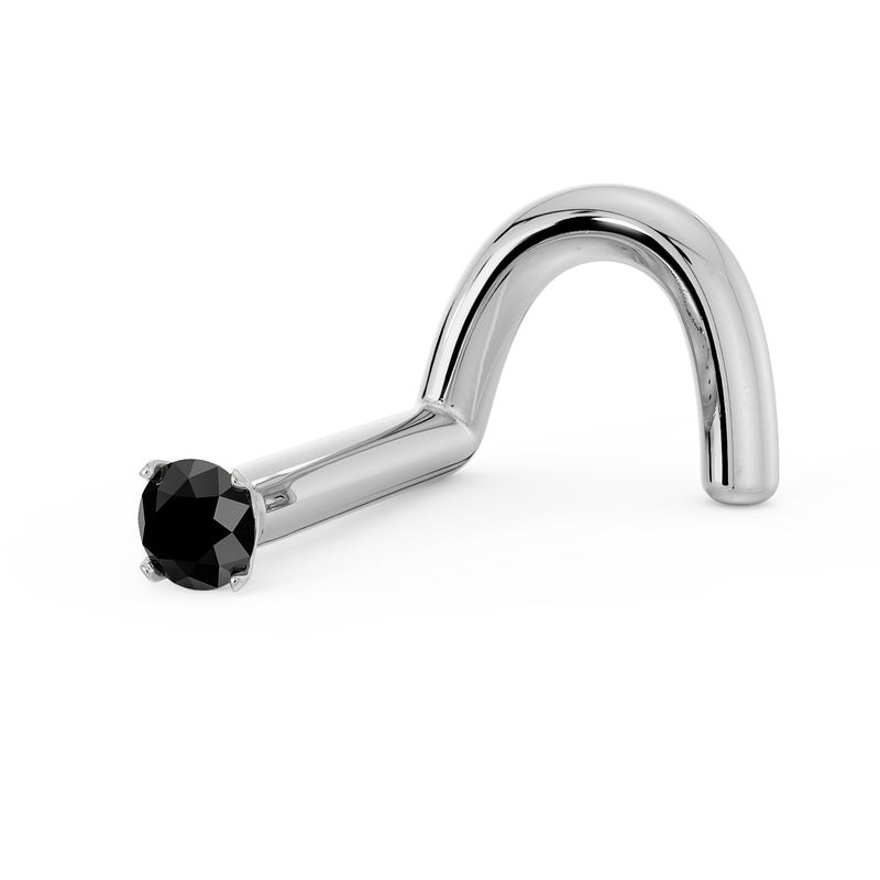Side profile of 14k white gold black diamond nose ring showing twist post shape and prong setting