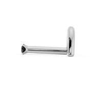 Side profile of 14k white gold black diamond L-post nose stud showing post length and gem placement
