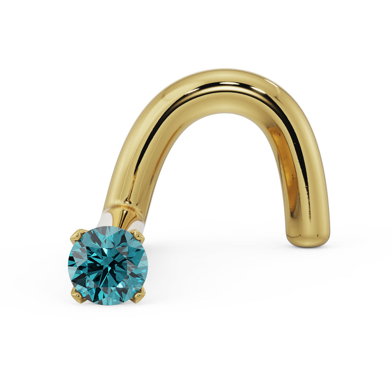 14k yellow gold blue diamond twist nose ring with 1.5mm prong-set stone, three-quarter view