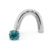 14k white gold 1.5mm blue diamond twist nose stud, three-quarter view highlighting curved post