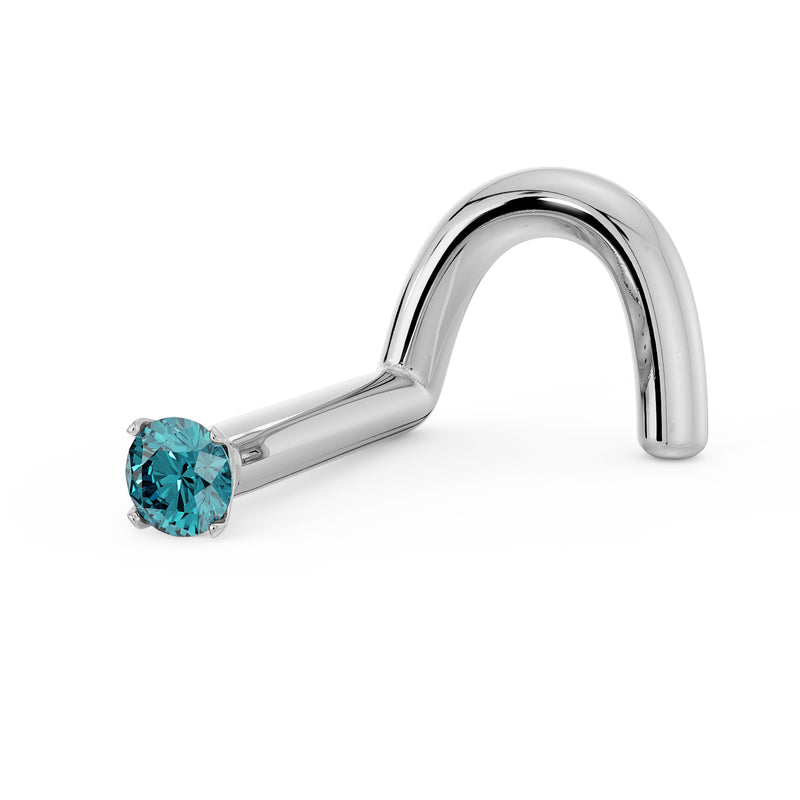 14k white gold blue diamond twist nose ring, angled side view showing prong setting and post