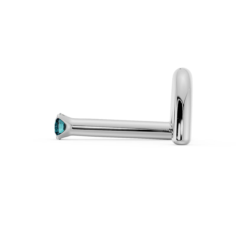 Side profile of 14k white gold blue diamond nose bone style showing flush-fit straight post