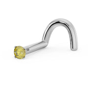 Side profile of 14k white gold yellow diamond nose stud showing twist post shape and prong setting