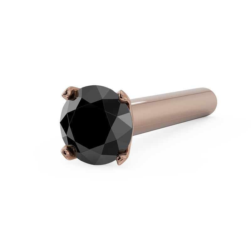 14k rose gold straight post nose stud with 2mm black diamond prong setting, angled view