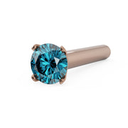 14k rose gold straight post nose stud with 2mm blue diamond in four-prong setting, angled view