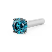 14k white gold straight post nose stud with 2mm blue diamond in prong setting, angled view