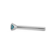 Side profile of 14k white gold straight post blue diamond nose stud showing post length