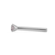 Side profile of white gold 2mm pink diamond straight-post nose stud showing post length and taper