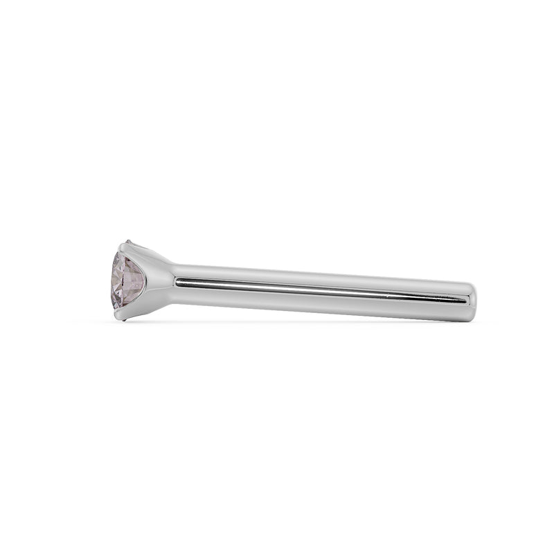 Side profile of white gold 2mm pink diamond straight-post nose stud showing post length and taper