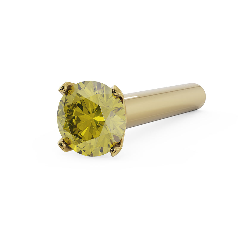 14k yellow gold straight post nose stud with 2mm yellow diamond, angled view of prong setting