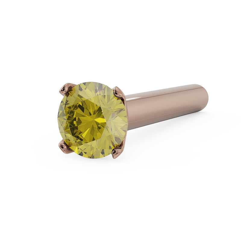 14k rose gold straight post nose stud with 2mm yellow diamond in four-prong setting, angled view