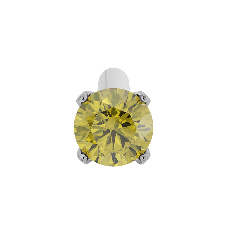 Front-facing close-up of 2mm yellow diamond in four-prong white gold setting on straight post stud