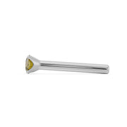 Side profile of white gold straight post nose stud showing tapered prong base and post length