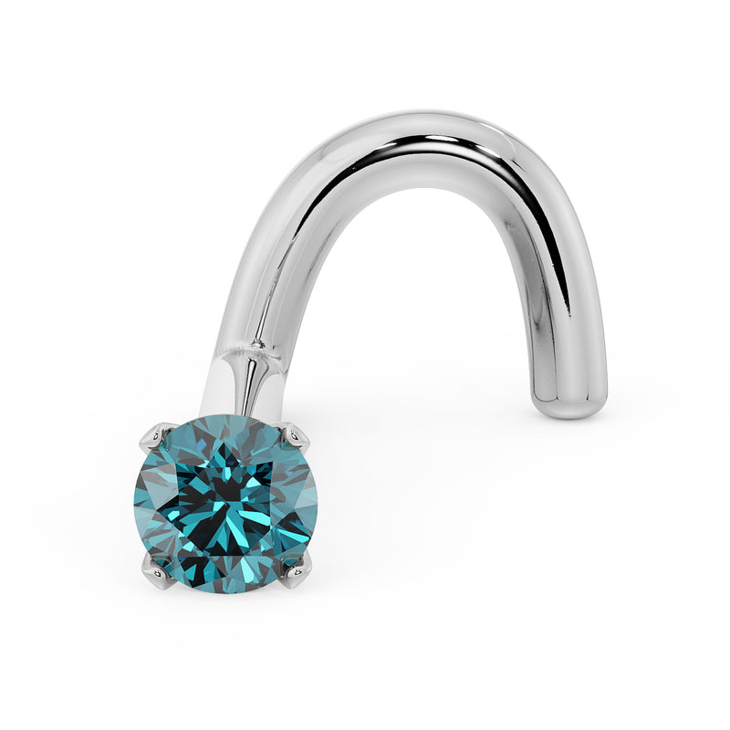 14k white gold twist nose screw with 2mm blue diamond prong stud, angled product view