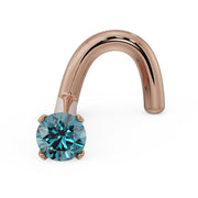 14k rose gold twist nose ring screw with 2mm blue diamond in four-prong setting, angled view