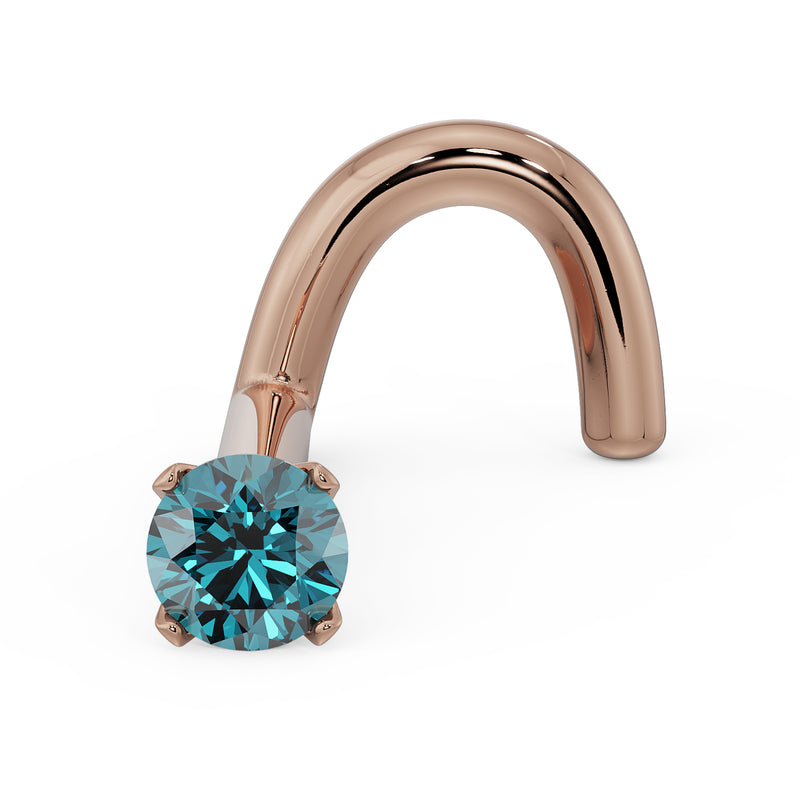 14k rose gold twist nose ring screw with 2mm blue diamond in four-prong setting, angled view