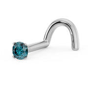 Side profile of 14k white gold blue diamond twist nose ring showing screw post shape