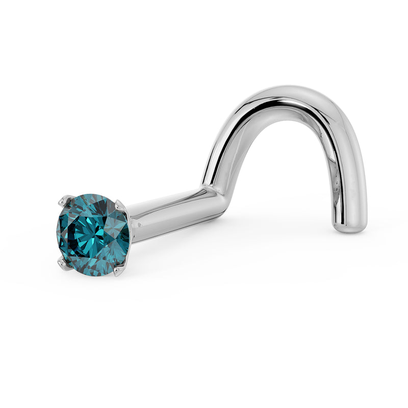 Side profile of 14k white gold blue diamond twist nose ring showing screw post shape