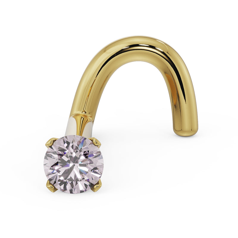14k yellow gold 2mm pink diamond nose ring, twist post style, angled front view
