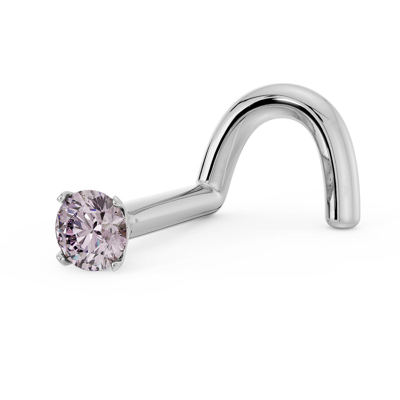 14k white gold pink diamond twist nose stud, side-angled view showing screw post shape