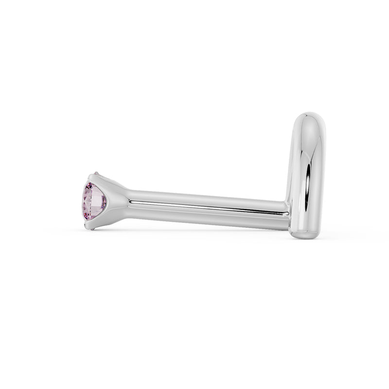 Side profile of white gold pink diamond L-post nose stud showing L-shape and post length