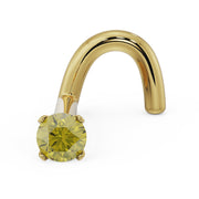 14k yellow gold twist nose ring stud with 2mm yellow diamond, angled view showing post curl