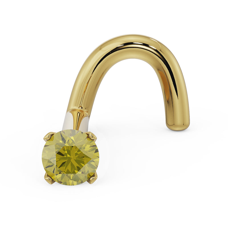 14k yellow gold twist nose ring stud with 2mm yellow diamond, angled view showing post curl