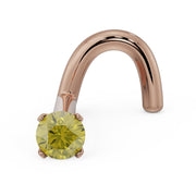 14k rose gold twist nose ring stud with 2mm yellow diamond in four-prong setting, angled view