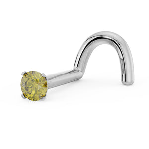 Side profile of 14k white gold yellow diamond nose ring showing twist post shape and prong setting