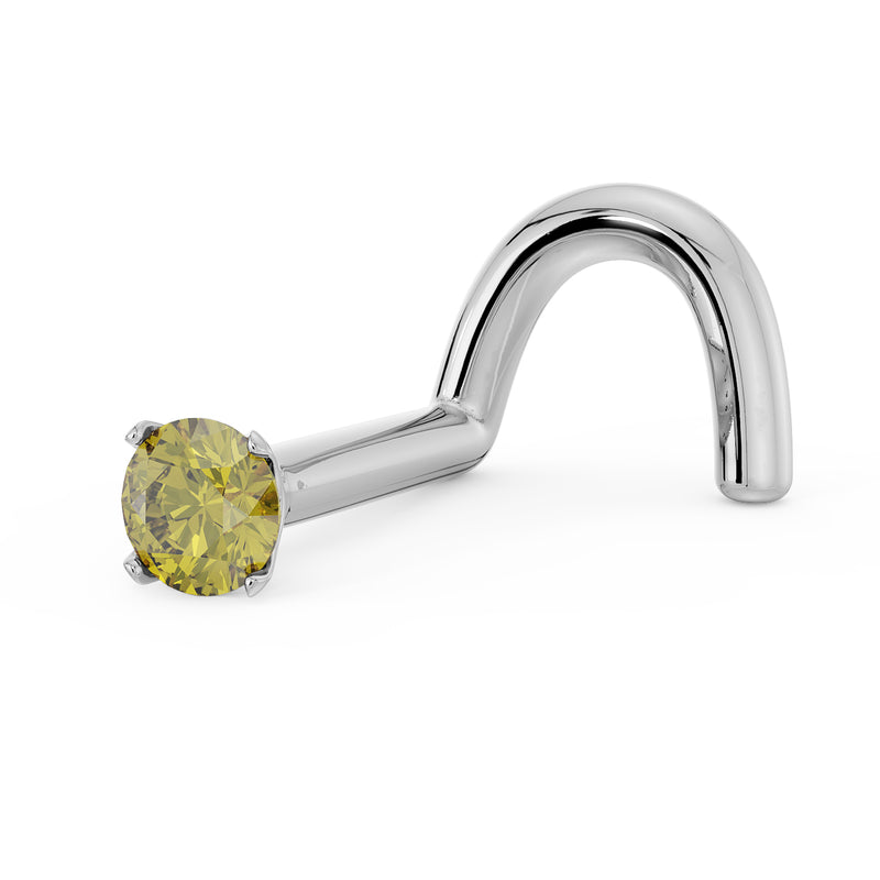 Side profile of 14k white gold yellow diamond nose ring showing twist post shape and prong setting