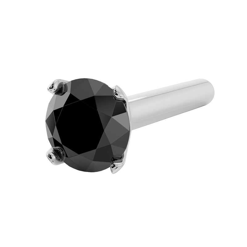 14k white gold black diamond straight post nose stud, angled view showing post and prong setting